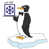 Das Logo der Firma Breuer Klima Kälte aus MV, ein nach links bllickender humanisierter Pinguin, welcher eine Schneeflocke serviert.